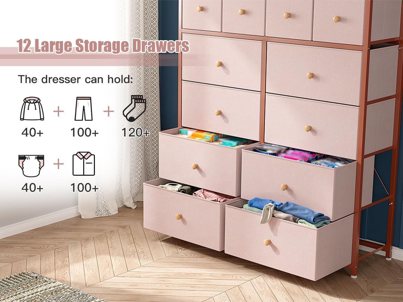 Pink 12 Drawer Tall Chest of Drawers Storage Unit for Bedroom Nursery