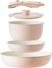 5pcs Pink Ceramic Cookware Set Non Stick Detachable Handle Induction Safe