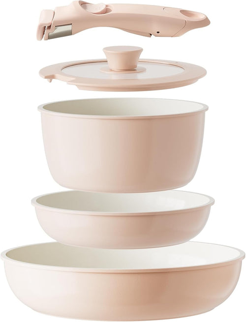 5pcs Pink Ceramic Cookware Set Non Stick Detachable Handle Induction Safe