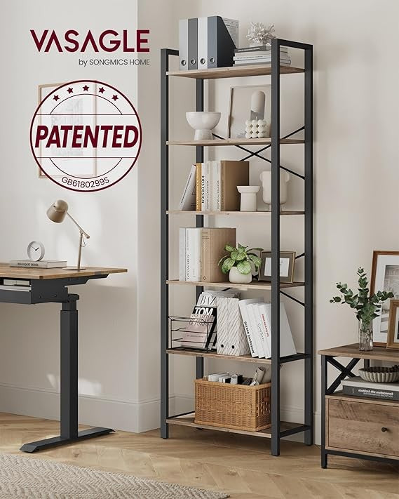 6-Tier Industrial Bookshelf Tall Greige Metal Wood Storage Shelving Unit