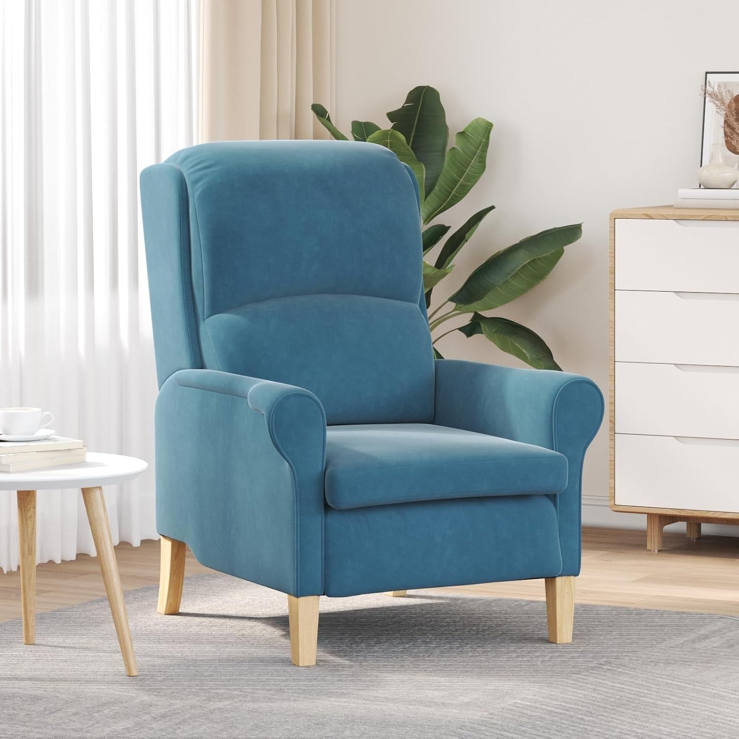 Blue Fabric Armchair Ergonomic Lounge Chair Soft Seat Wooden Legs