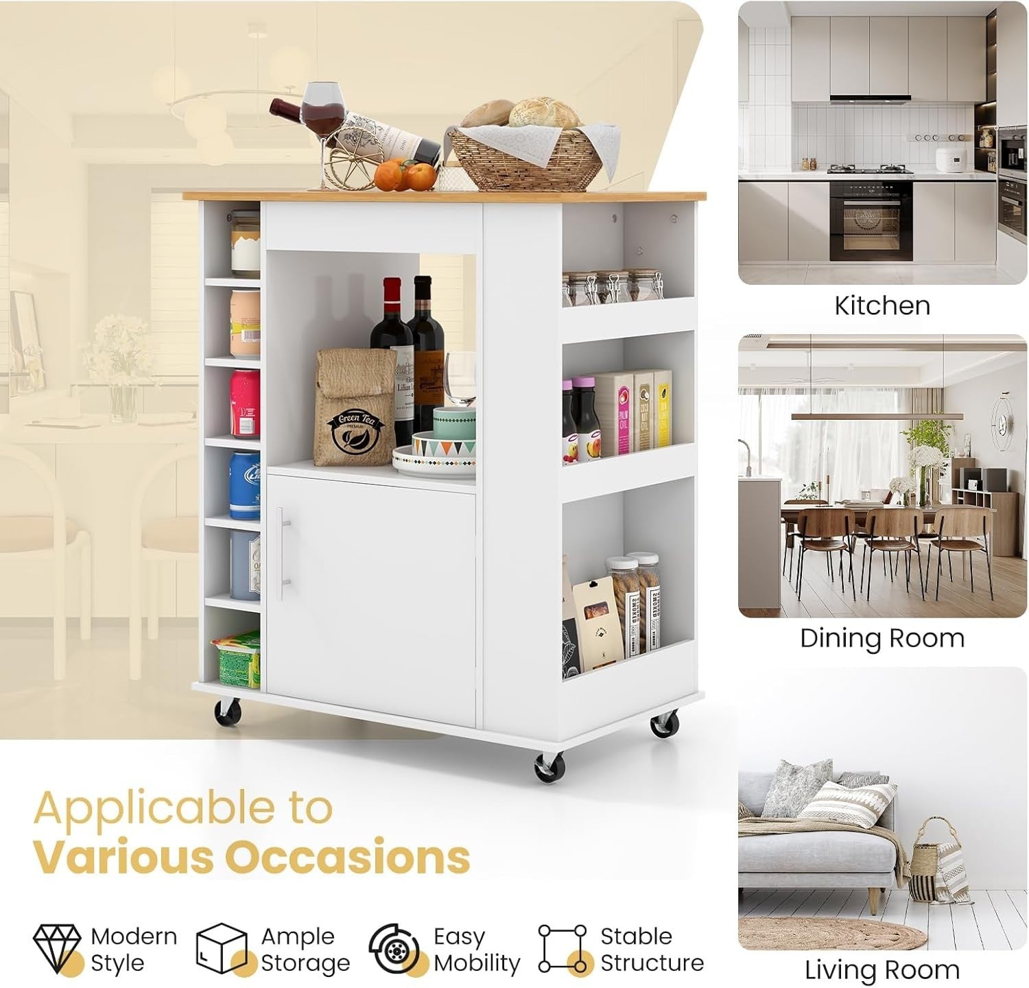 Kitchen Island on Wheels Bamboo Top Wine Rack Cabinet