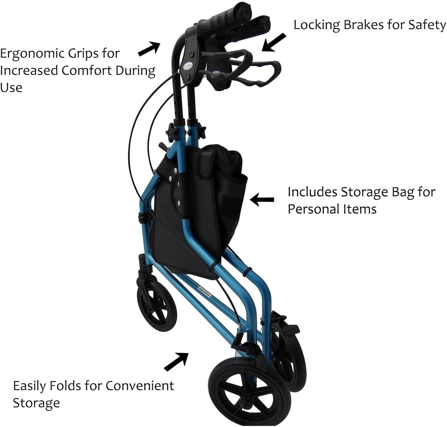 3 Wheel Rollator Walker Folding Lightweight Lockable Brakes Bag Indoor Outdoor