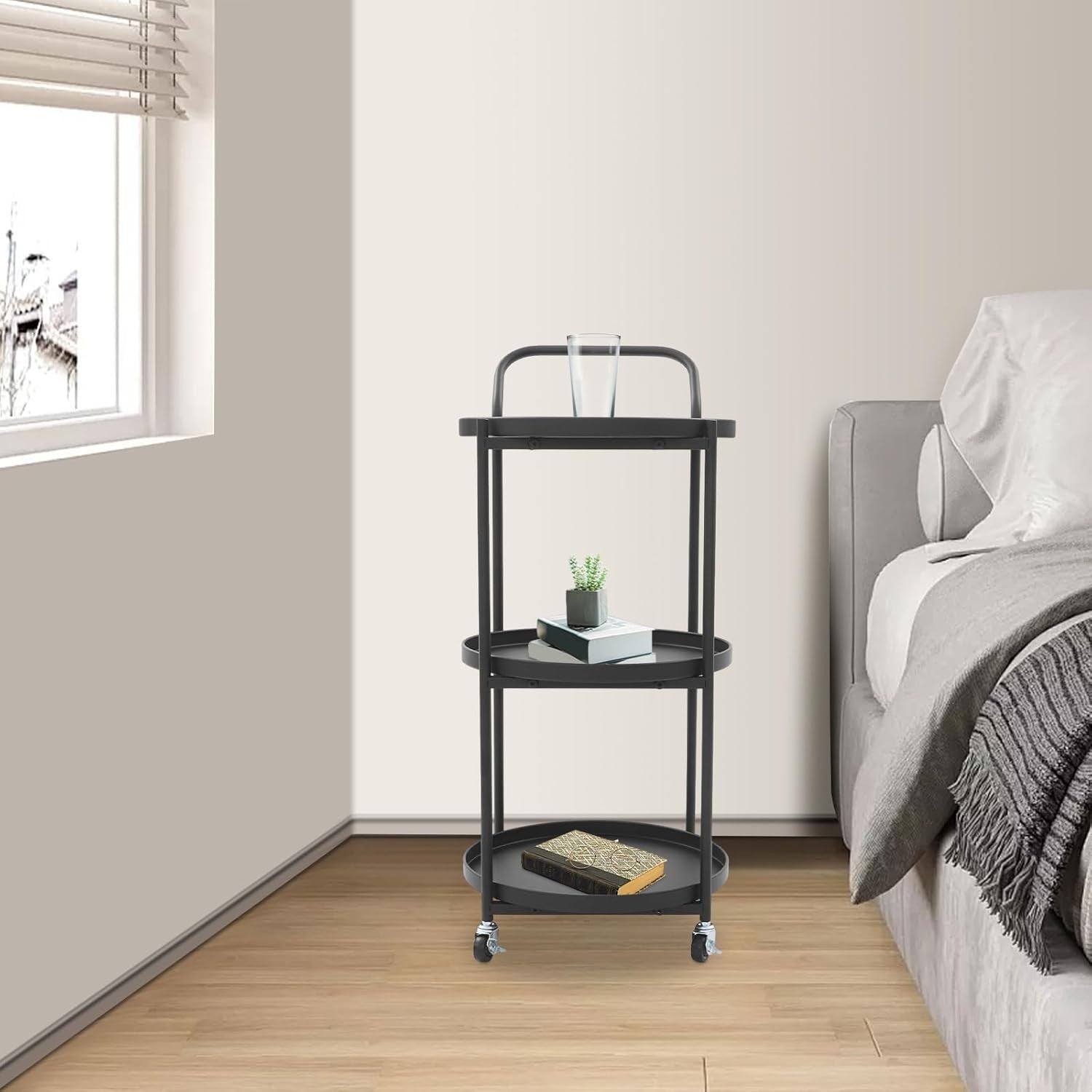 3 Tier Rolling Bar Cart Round Drinks Trolley Metal Storage Cart on Wheels
