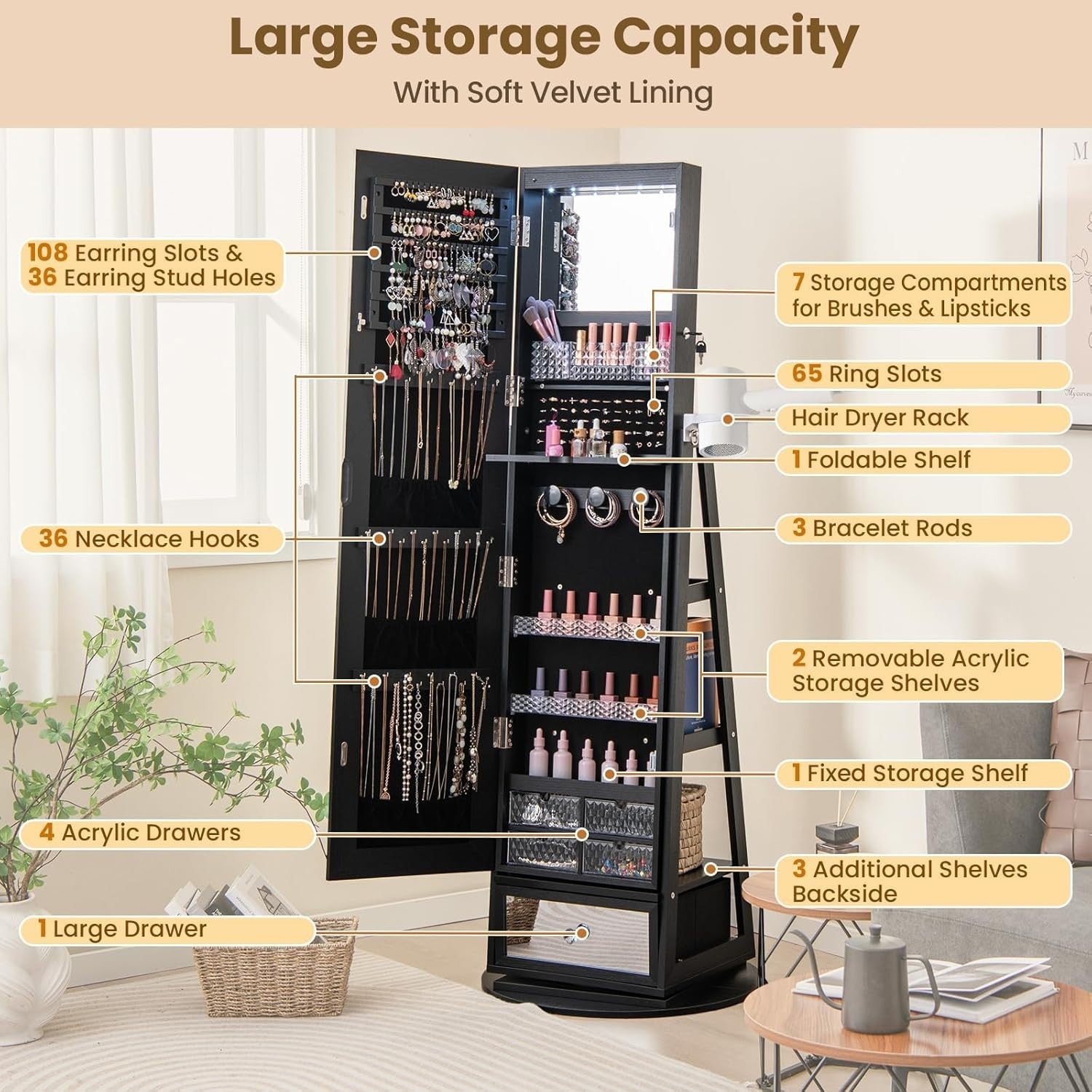 Black 360° Swivel LED Jewelry Cabinet Mirror Lockable Storage with Shelves