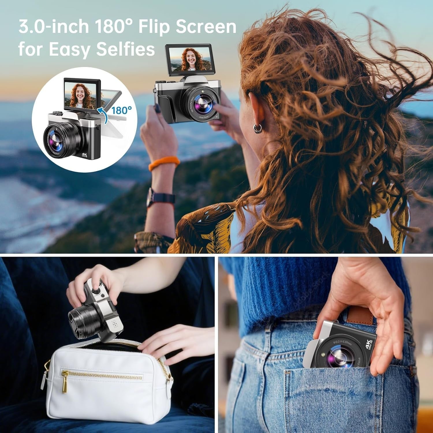 4K 64MP Digital Camera WiFi Vlogging Flip Screen Zoom SD Card 2 Batteries