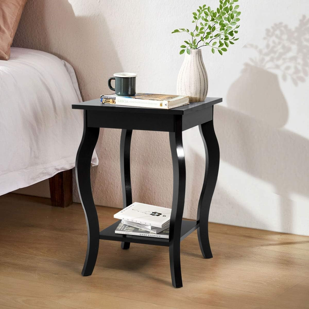 Black 2-Tier Bedside Table with Open Storage Shelf – Modern Wooden Side Table 40