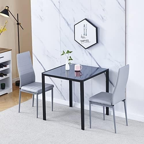 Square Glass Dining Table Set 75x75cm Grey Chairs 2 Seater Compact