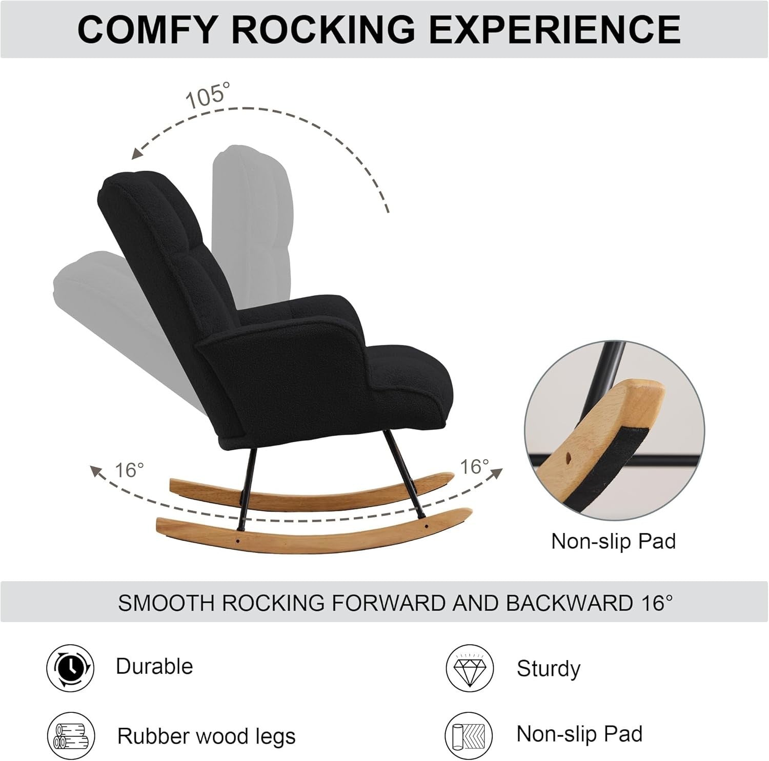 Rocking Chair Nursery Glider Comfy Armchair High Back Padded Seat Black Teddy
