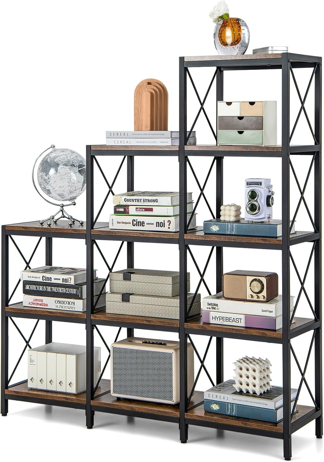 Industrial 4-Tier Bookshelf Storage Rack Rustic Wood Shelving Unit Home Office