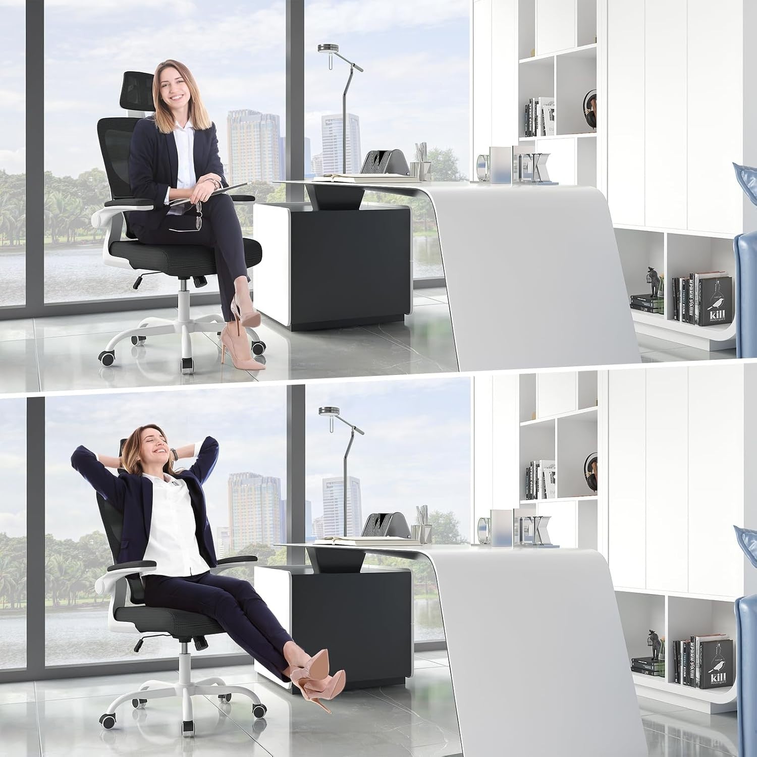 Ergonomic Mesh Office Chair Tall Back Adjustable Headrest Armrests Swivel Home D