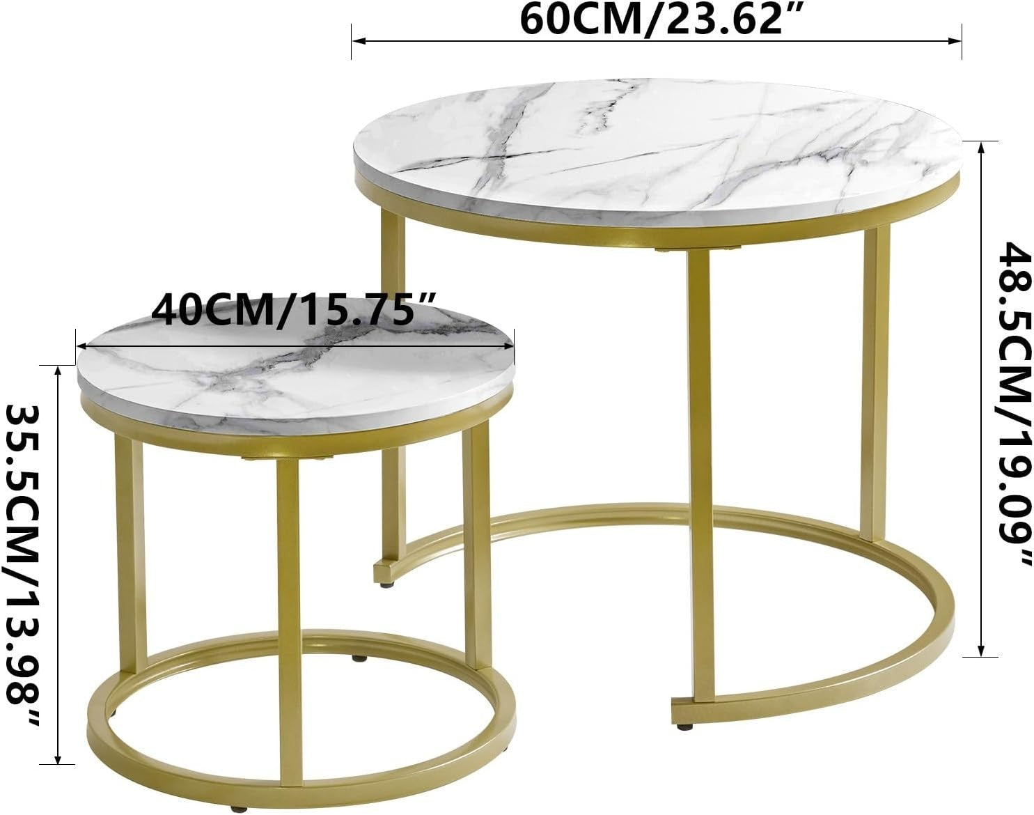 Round Nesting Coffee Tables Set of 2 – Space Saving Modern White Gold Side Table