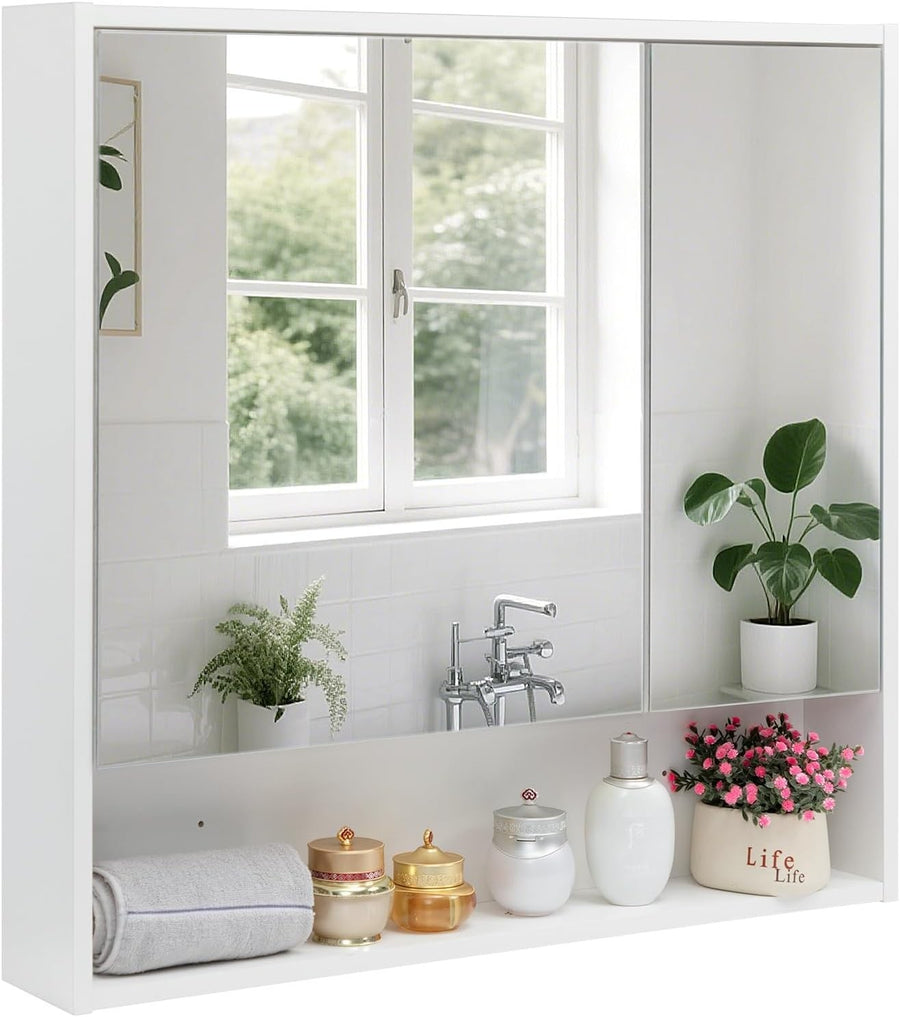 Double Door Bathroom Mirror Cabinet 78x75cm with Wall Mount & Storage Shelves