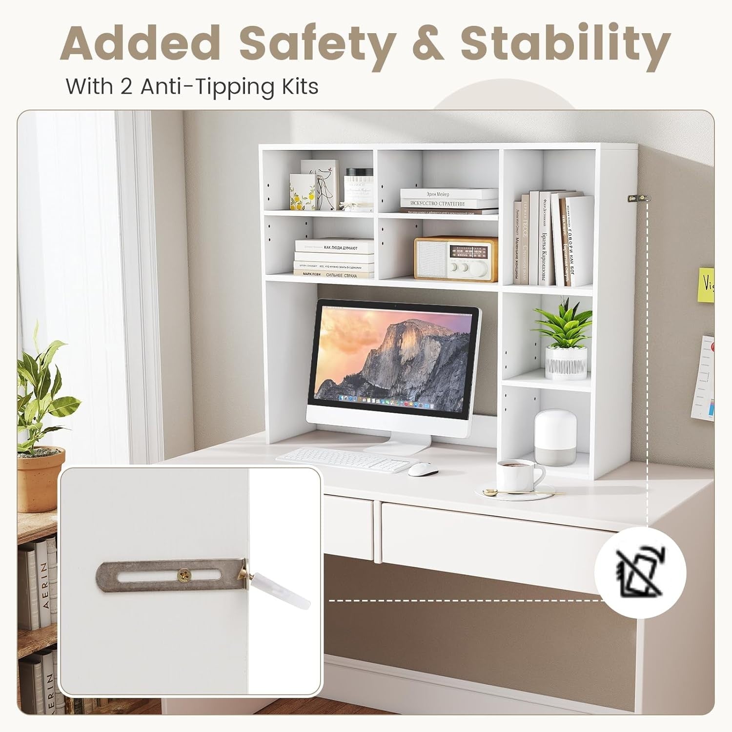 White Desktop Bookshelf 3-Shelf Adjustable Hutch Organizer Rack 94cm