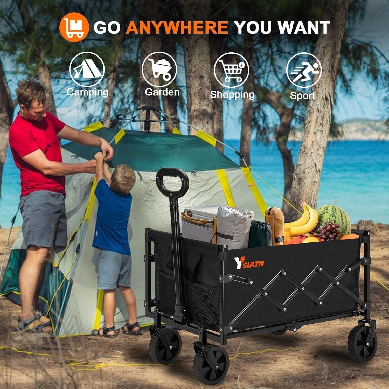 159kg Heavy Duty Folding Festival Trolley Wagon with All-Terrain Wheels Black