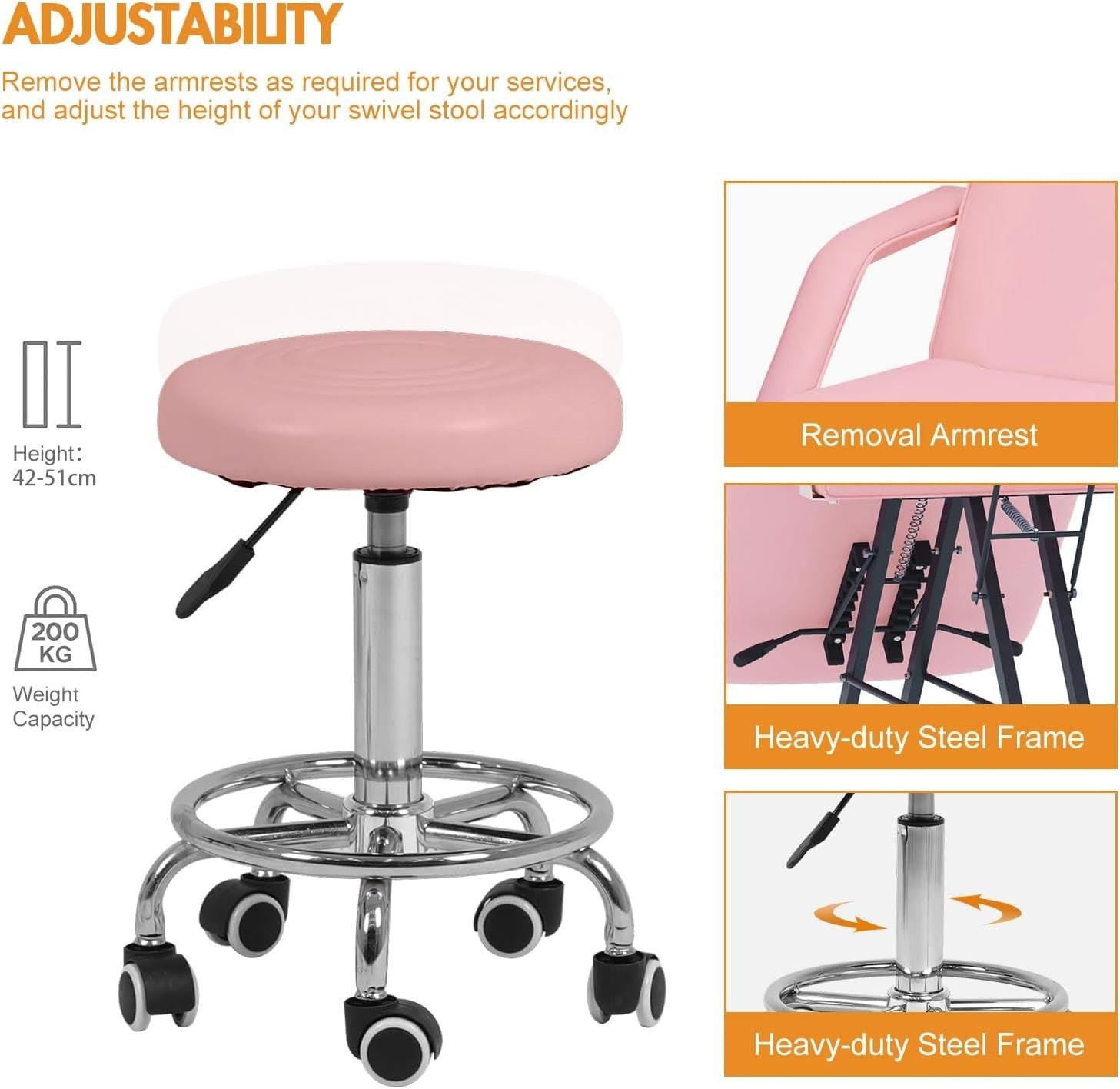 Adjustable 3-Section Massage Bed w/ Armrests & Hydraulic Stool Pink Heavy-Duty