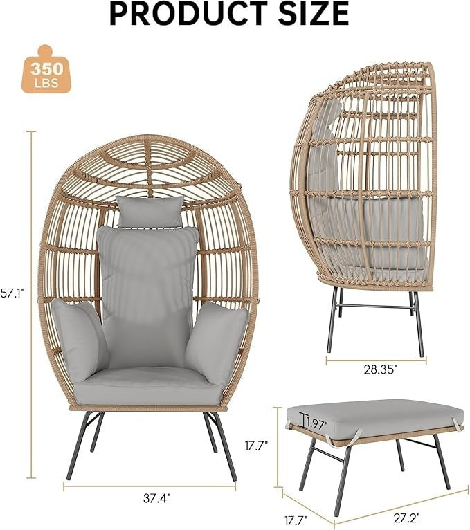 Luxury Rattan Egg Chair with Ottoman Outdoor Indoor Garden Seat Grey Cushion