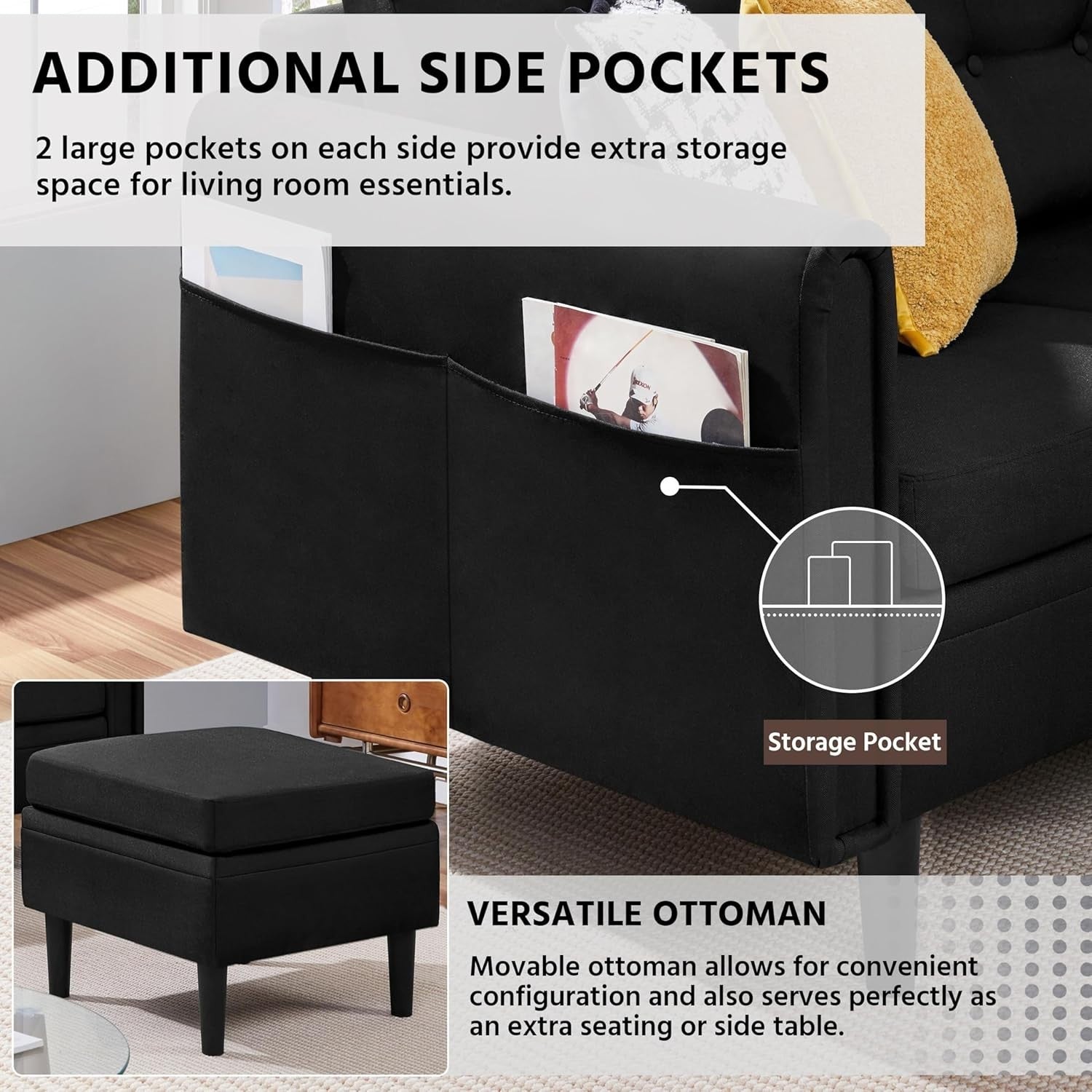 Velvet Black L-Shaped Corner Sofa with Ottoman 3-Seater Chaise for Small Spaces