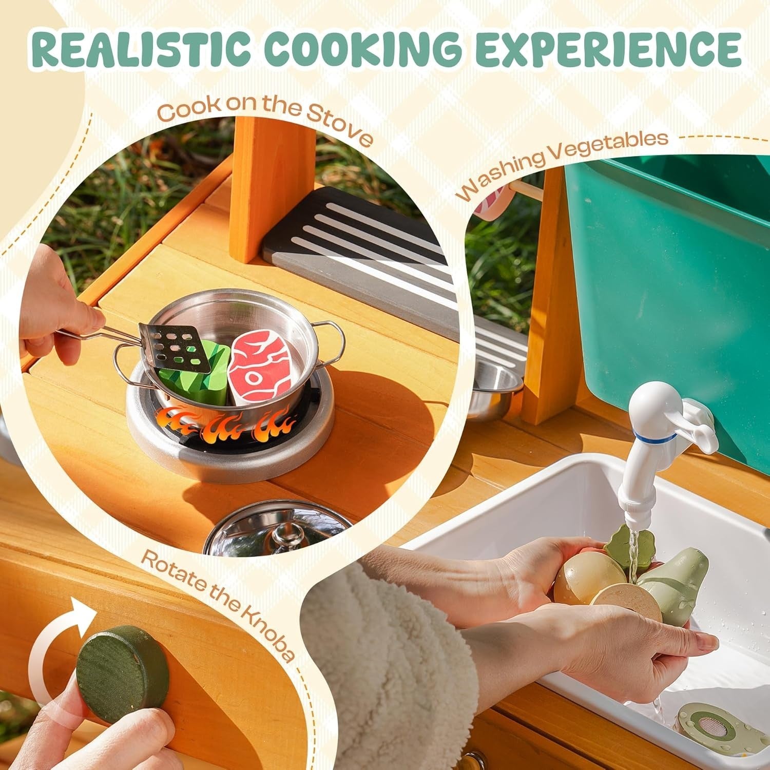Kids Outdoor Mud Kitchen Wooden BBQ Playset Water Sink with Wheels