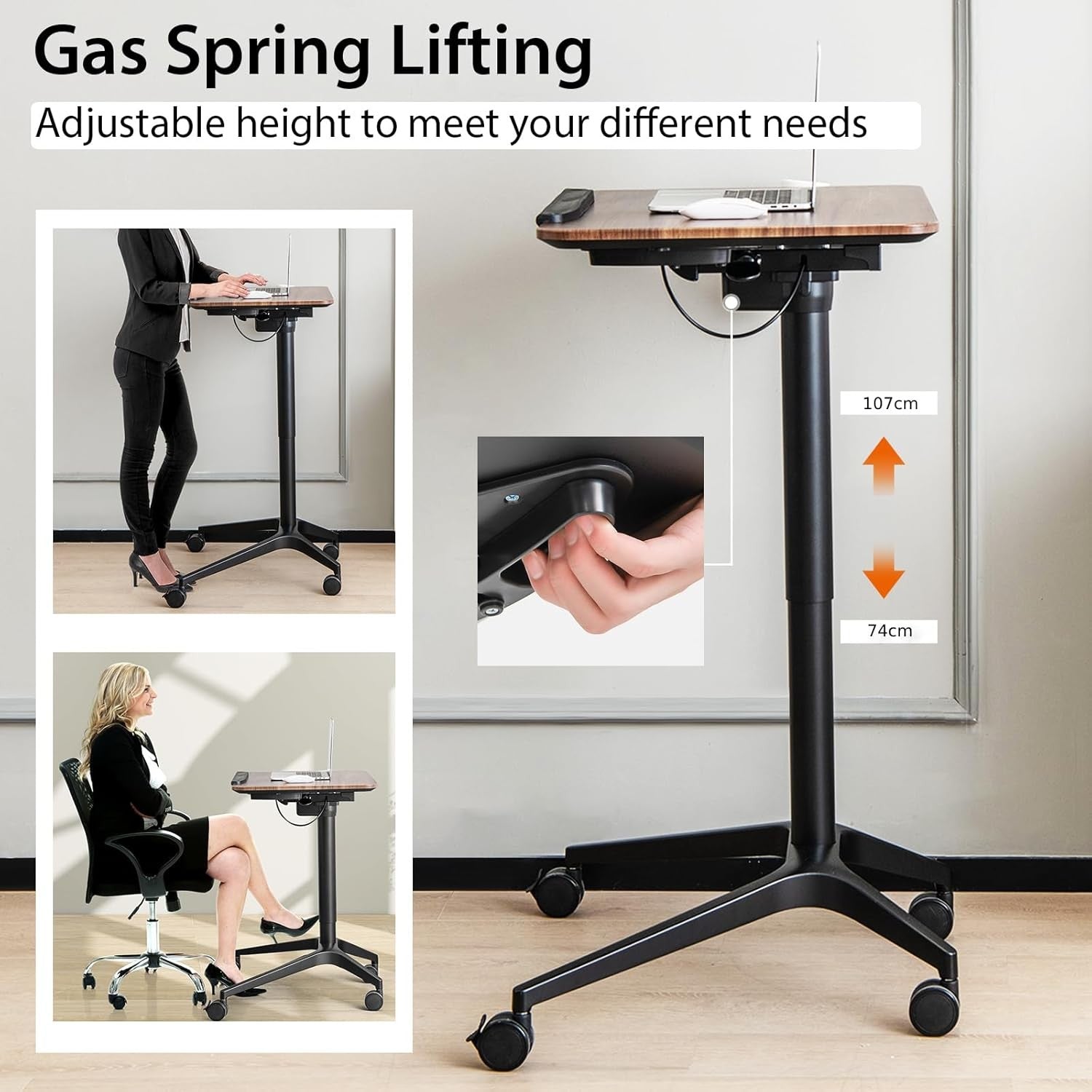 Mobile Standing Desk Sit Stand Laptop Table Tilting Top Wheels Height Adjust