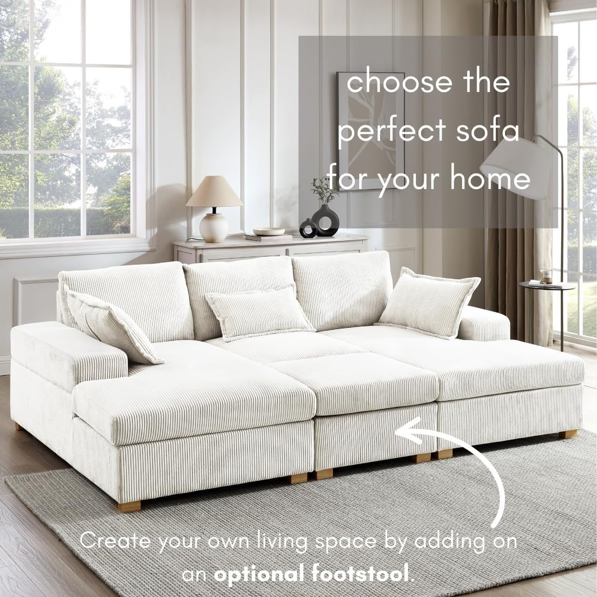 U-Shape Fabric Sofa Jumbo Cord 4-Seater Cream | Deep Seat + Optional Footstool