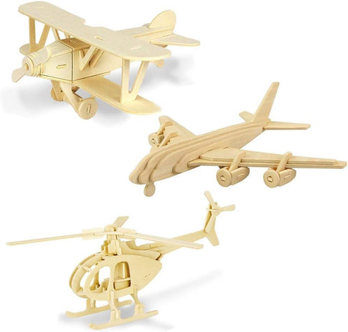 3D Wooden Kids Puzzle Model Kit – 3 Biplane, Helicopter & Airplane Toys