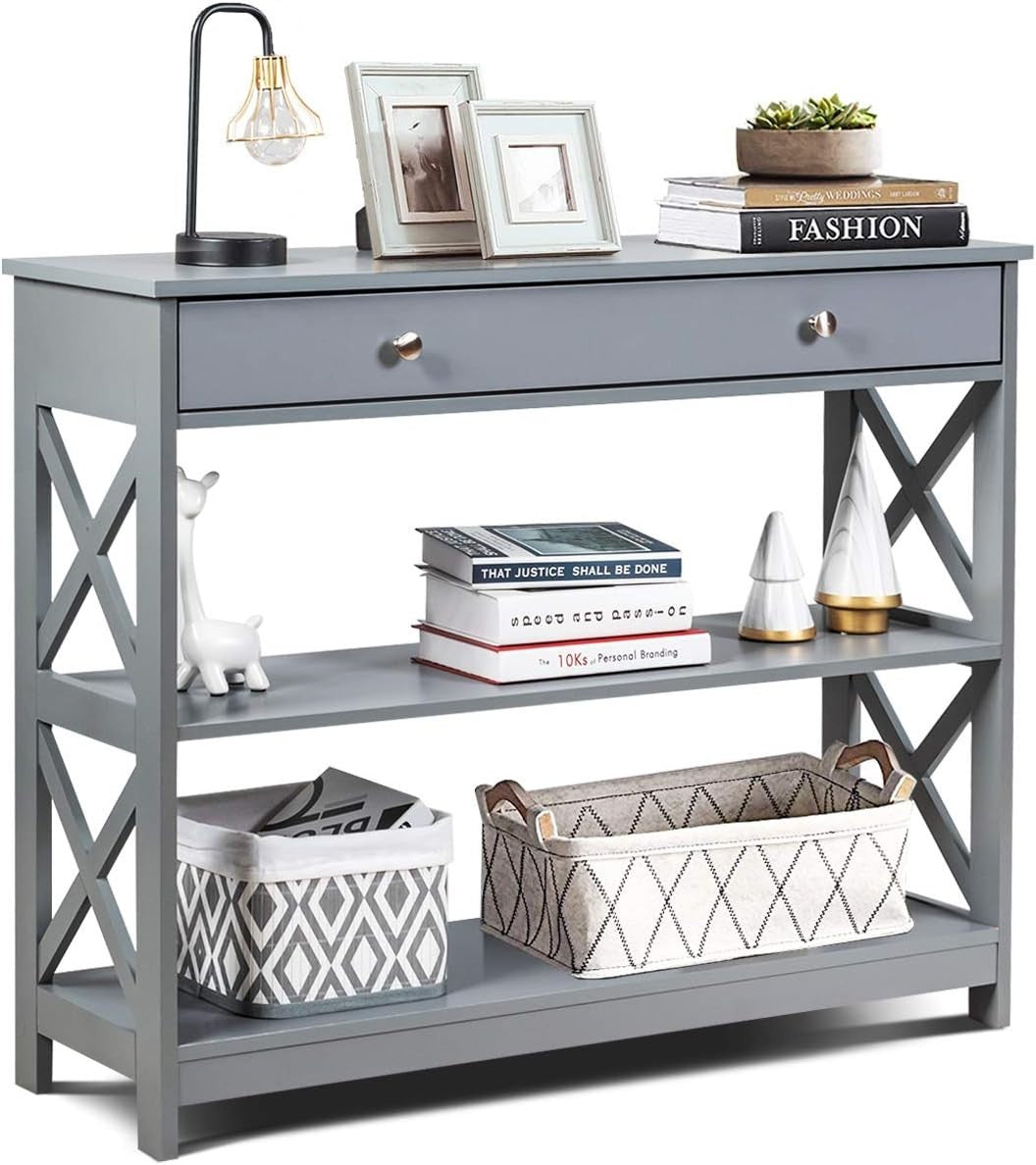 Modern Console Table with Drawer & Shelves, Narrow Hallway Desk