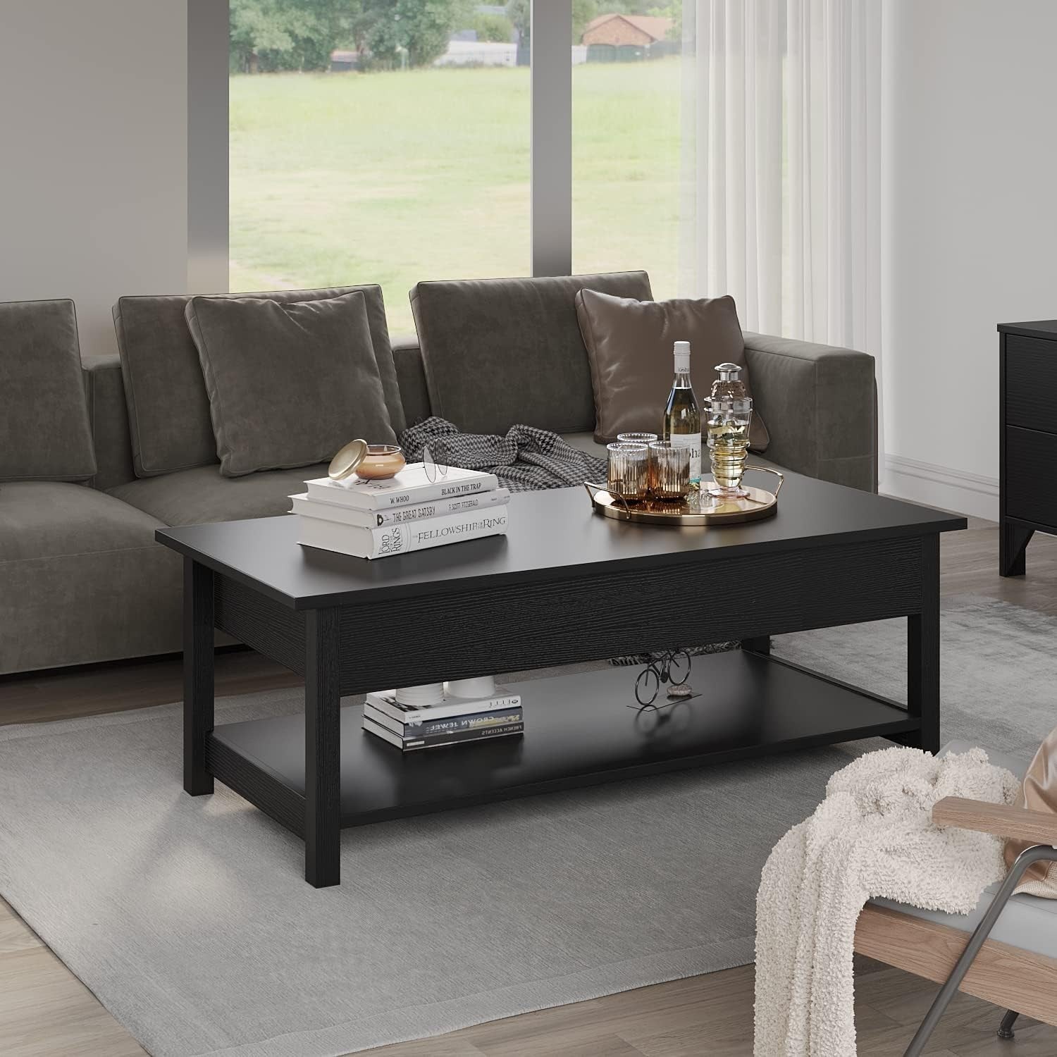 Lift-Up Top Coffee Table with Hidden Storage & Open Shelf, Black Wood
