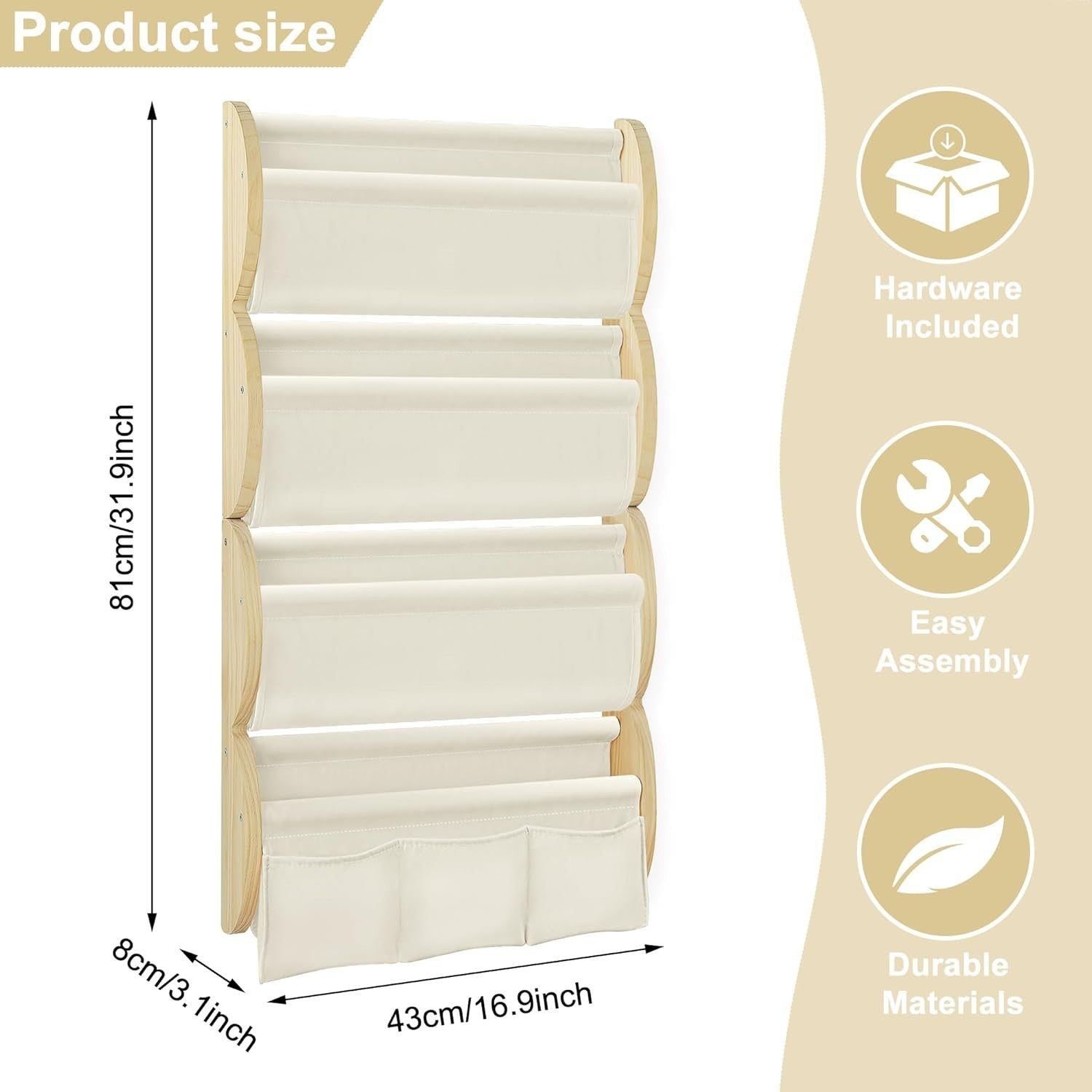 4-Tier Wall Mounted Kids Bookshelf with Fabric Sling & 3 Pockets, Cream