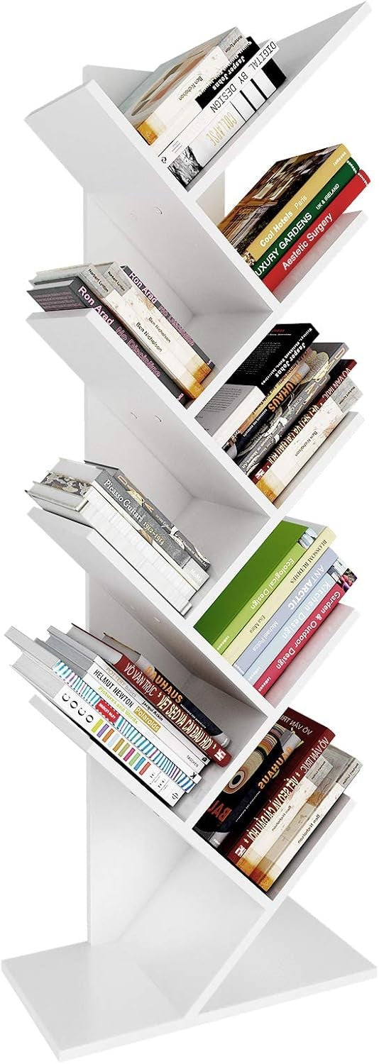 Tall White Tree Bookshelf | 9-Tier Modern Space-Saving Bookcase for Living Room