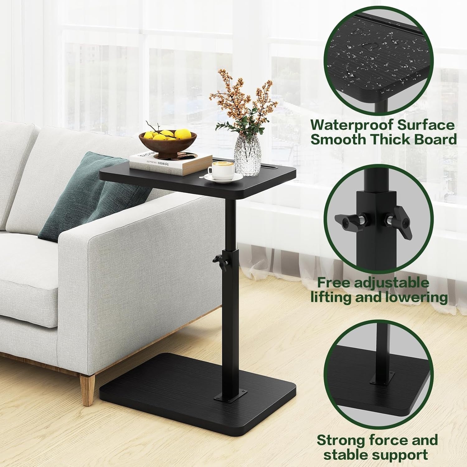 Height Adjustable C Table with 360° Swivel, Space-Saving Side End Table
