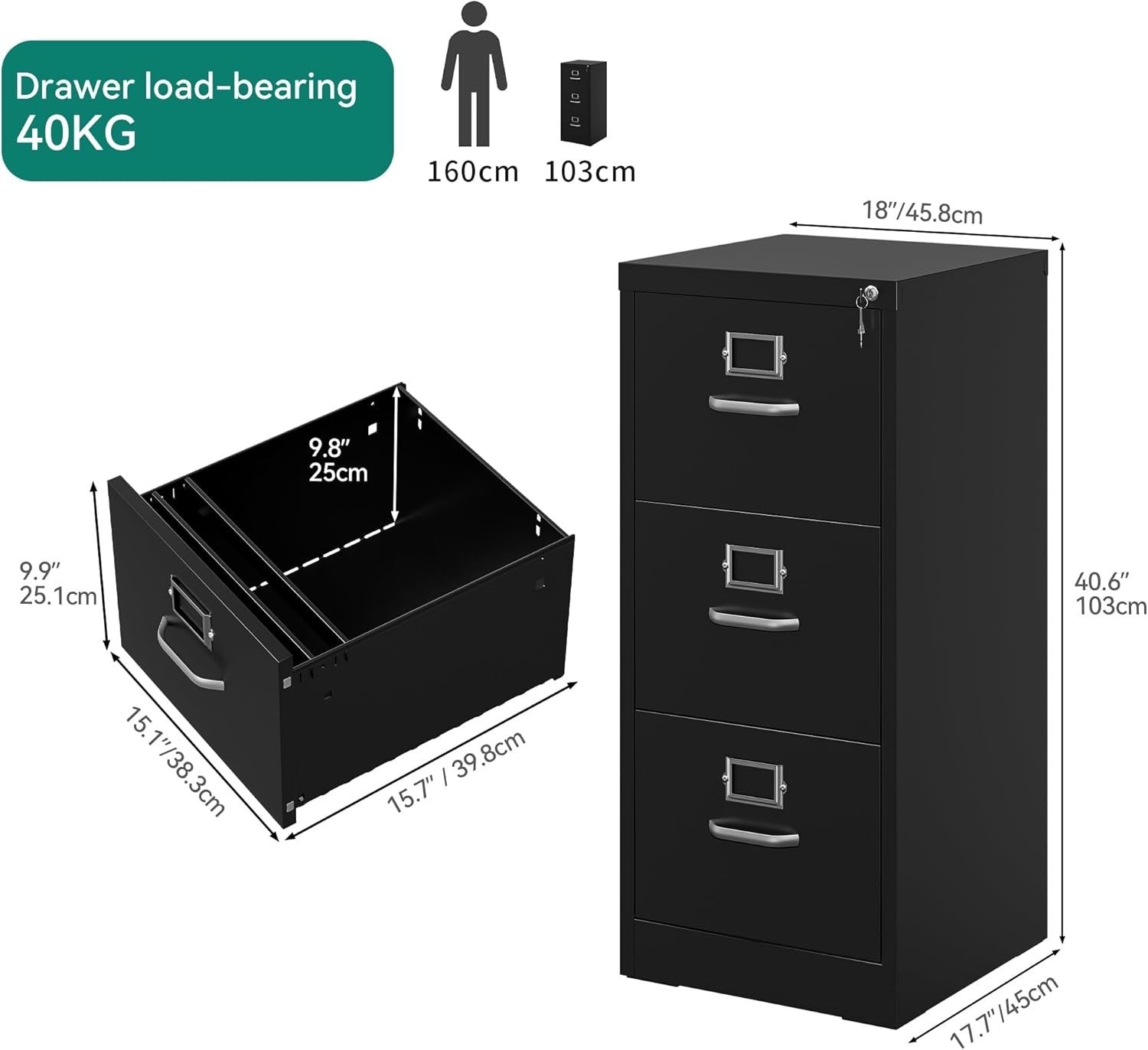 Black 3 Drawer Locking Steel Filing Cabinet Vertical A4 Legal Home Office Safe