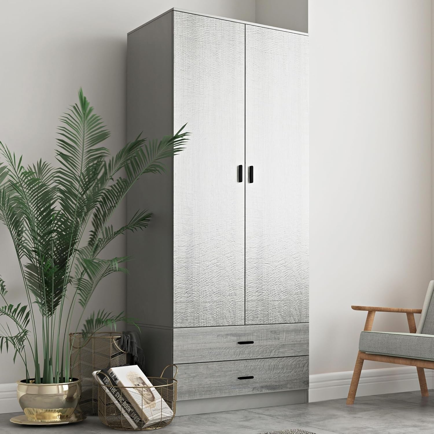 Grey 2 Door Wardrobe With Drawers & Rail | Tall Bedroom Storage Unit