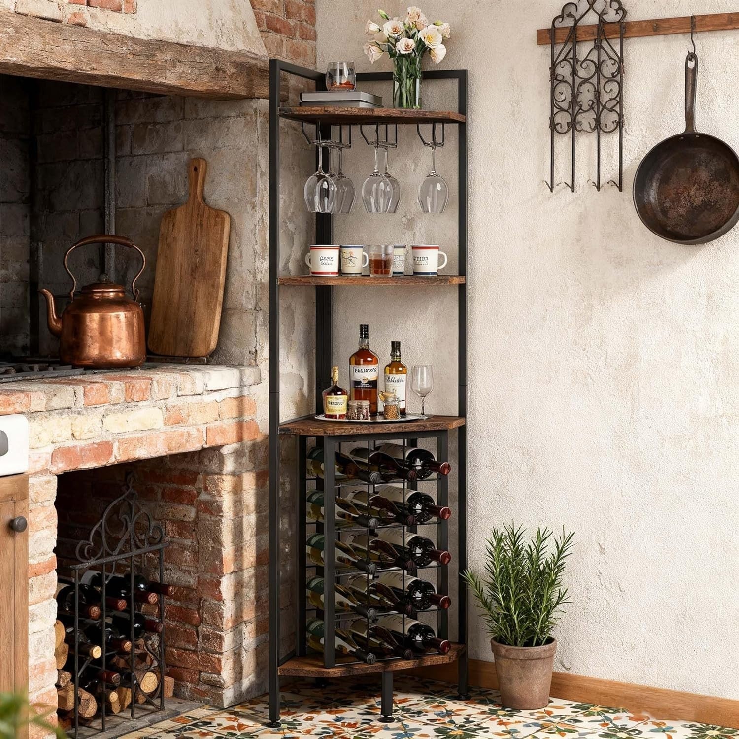 Tall Corner Wine Rack Shelf with 15 Bottle Holder & Glass Hanger Industrial