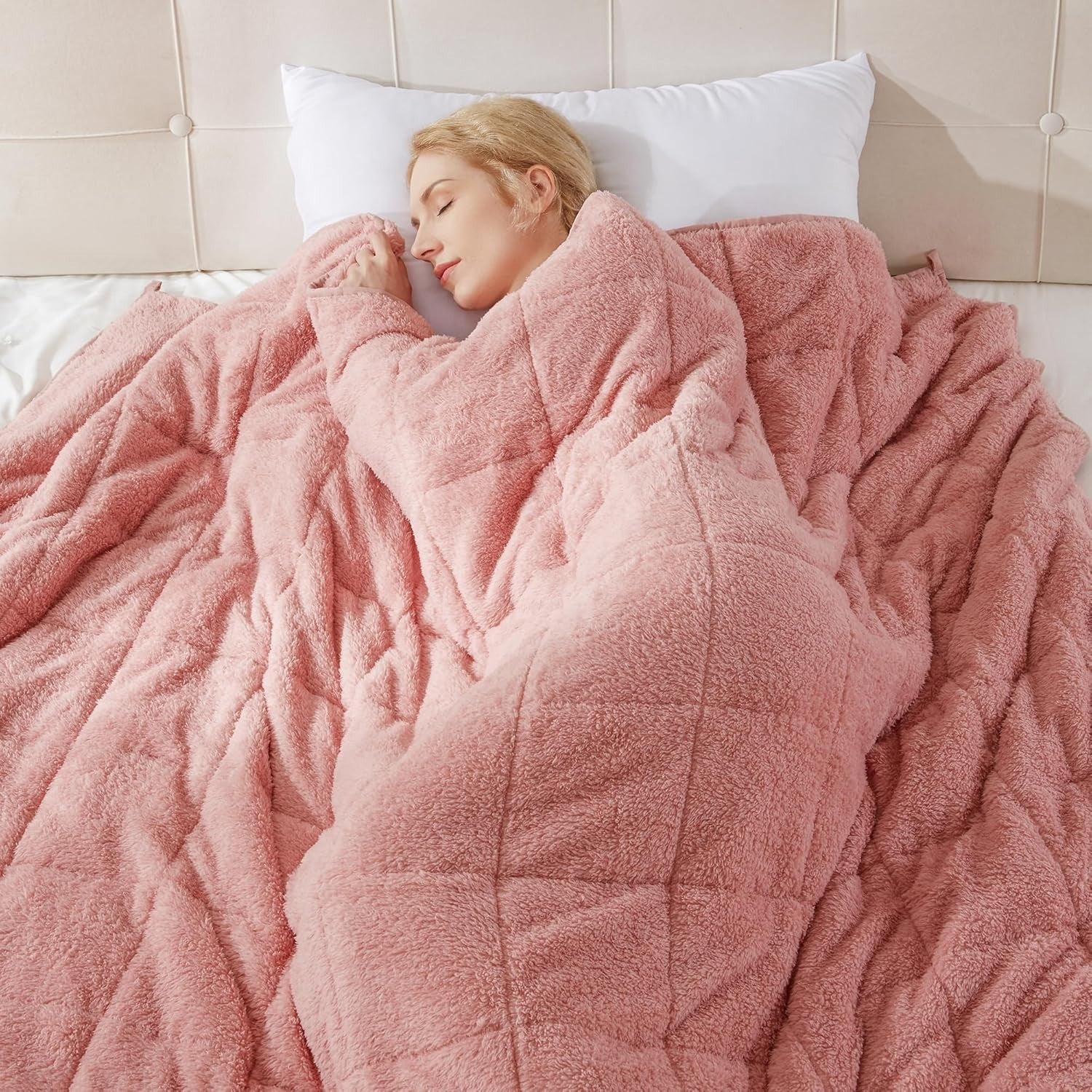 8kg Weighted Blanket, Blush Pink Teddy Fleece Quilted 150x200cm Anxiety Relief