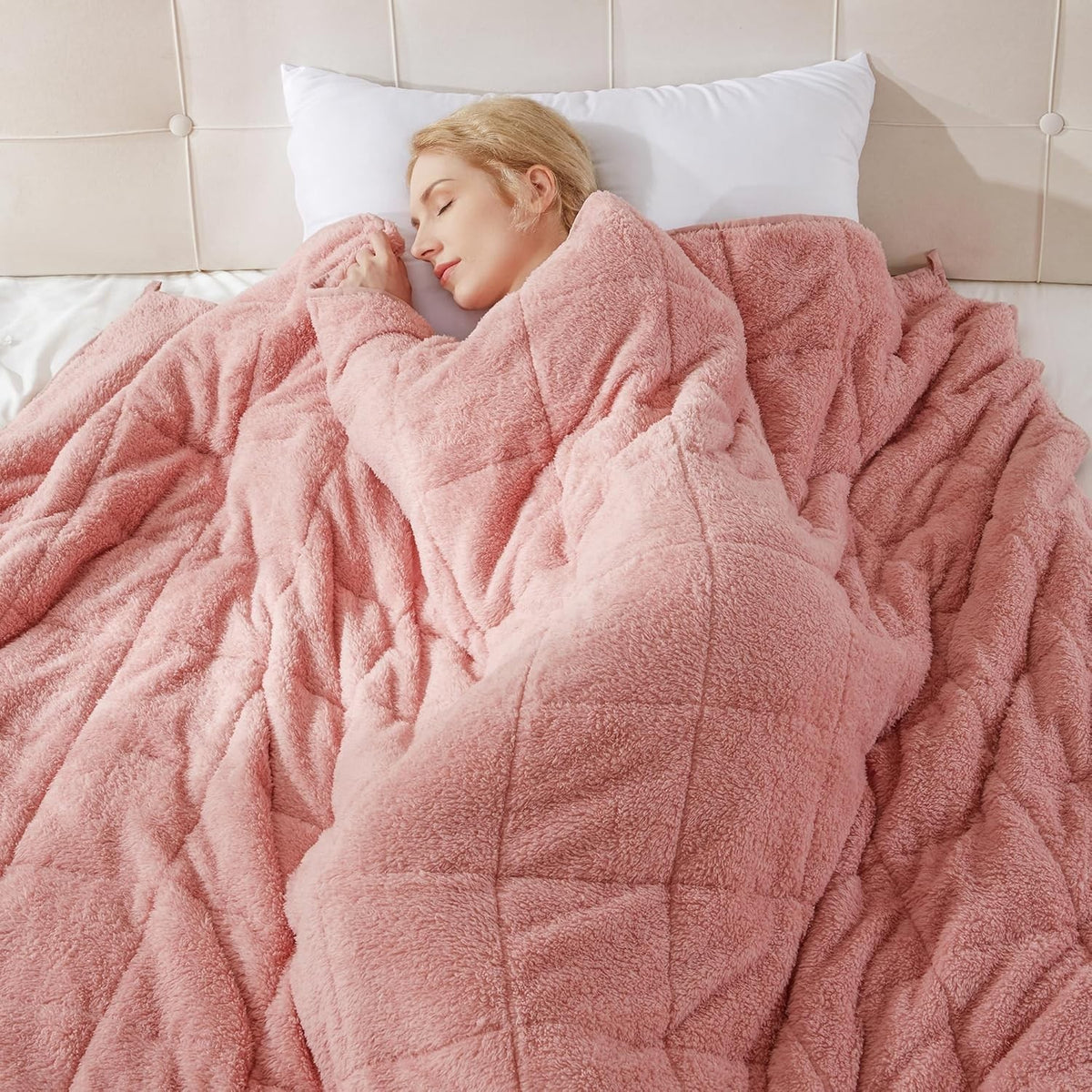 8kg Weighted Blanket, Blush Pink Teddy Fleece Quilted 150x200cm Anxiety Relief