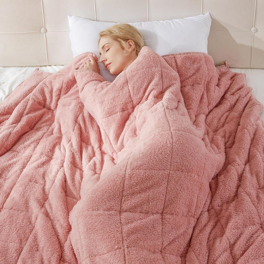 8kg Weighted Blanket, Blush Pink Teddy Fleece Quilted 150x200cm Anxiety Relief