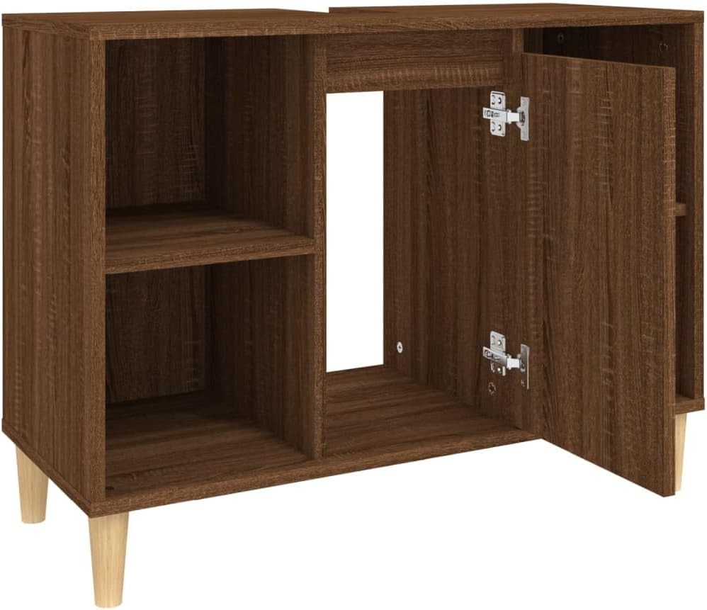 Brown Oak Bathroom Sink Cabinet with Storage Shelves – Nordic Vanity Unit 80cm