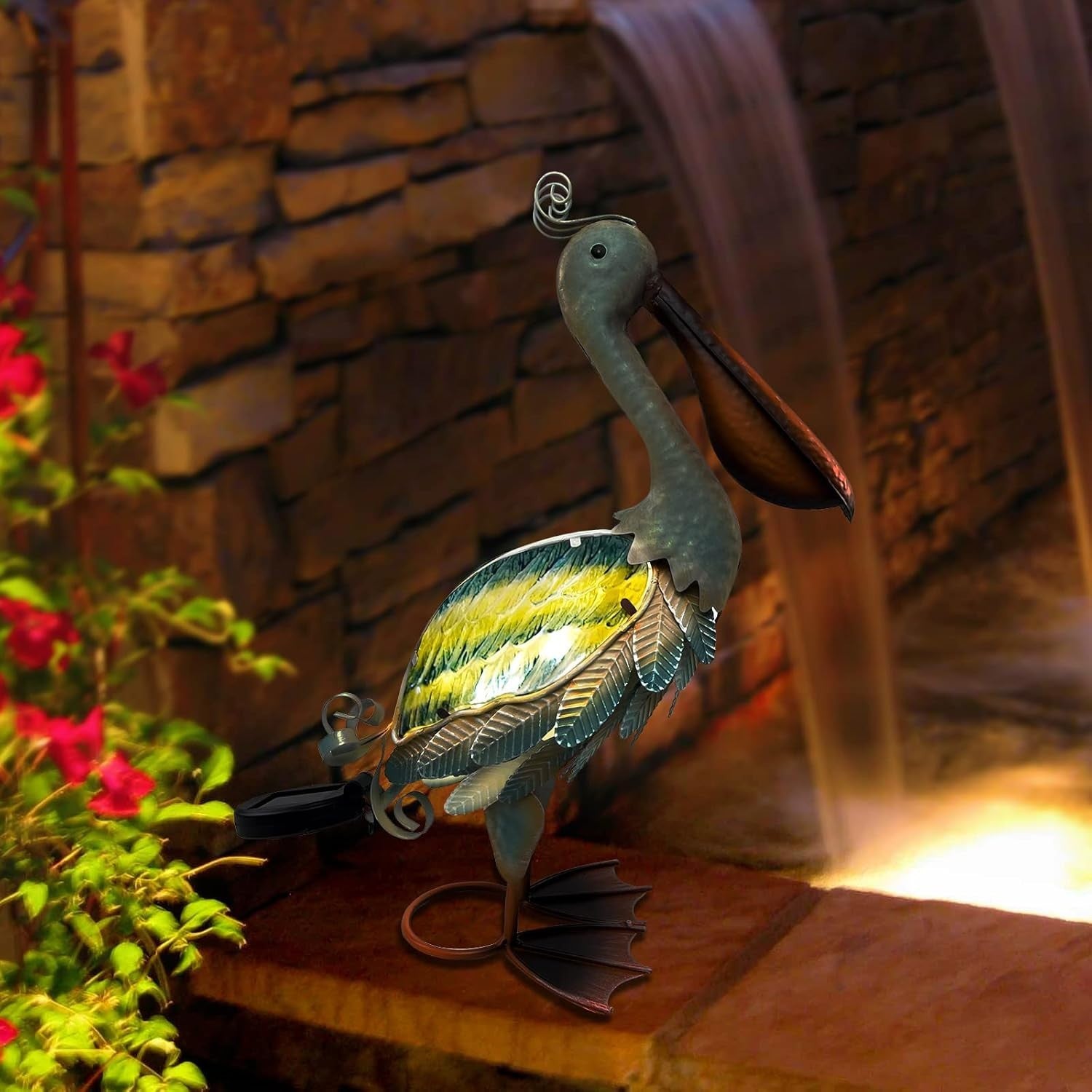 Solar Pelican Garden Statue 40.6cm Metal Glass Coastal Bird Outdoor Yard Decor