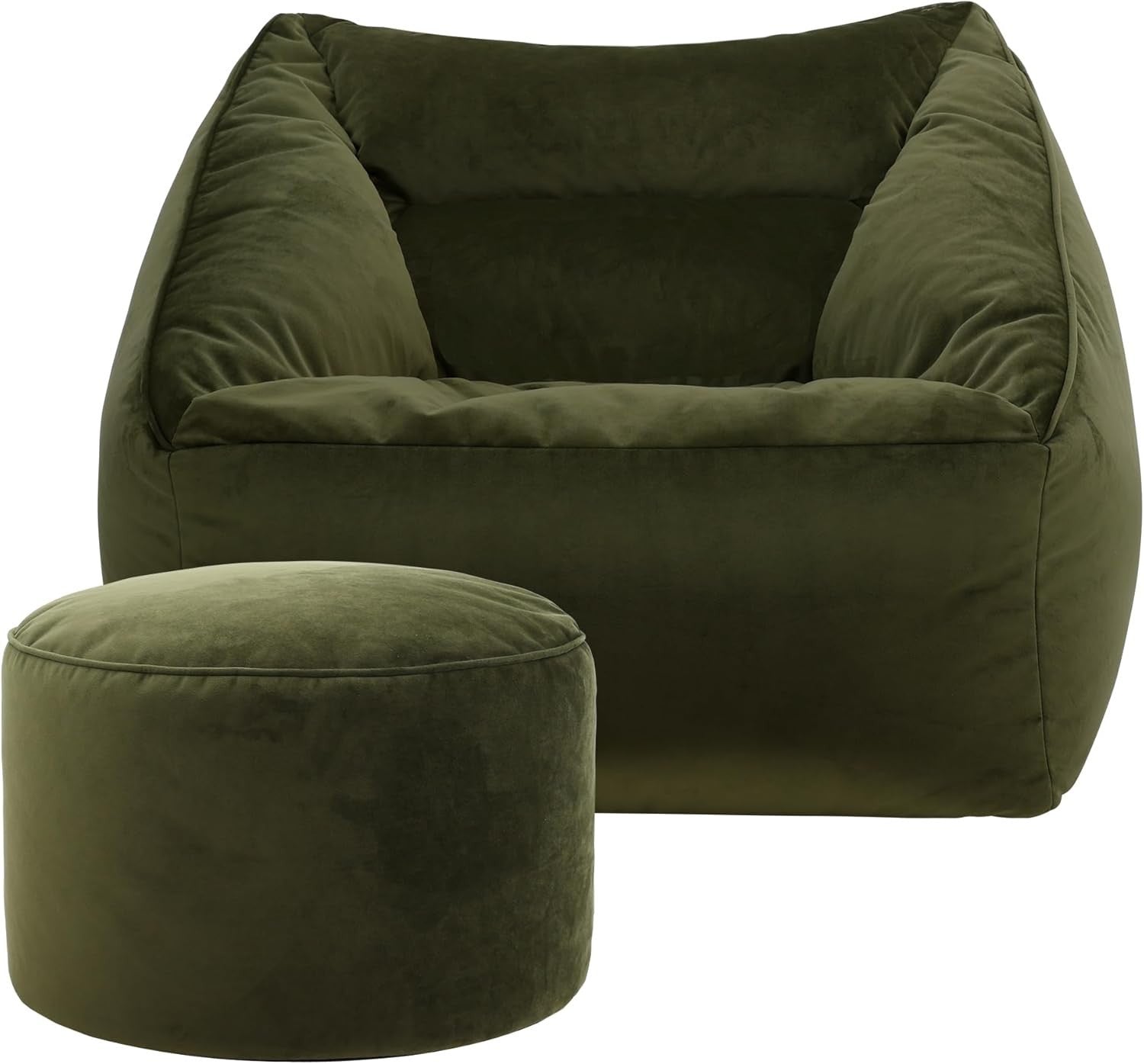 Large Olive Green Velvet Bean Bag Chair with Pouffe, Soft Filling & Support