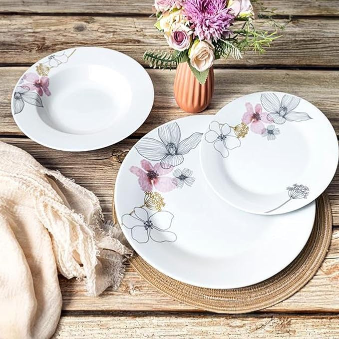 12pc White Ceramic Dinnerware Set Plates Bowls Service for 4 Floral