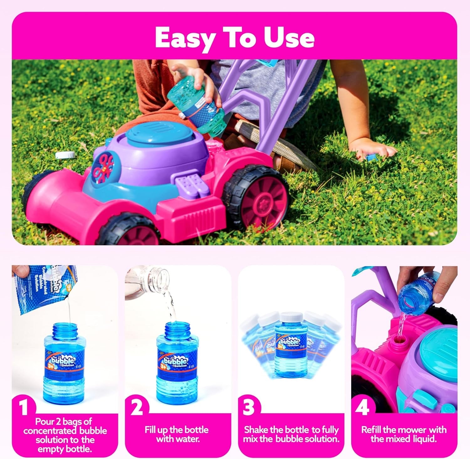 Kids Bubble Lawn Mower Push Toy Machine Pink