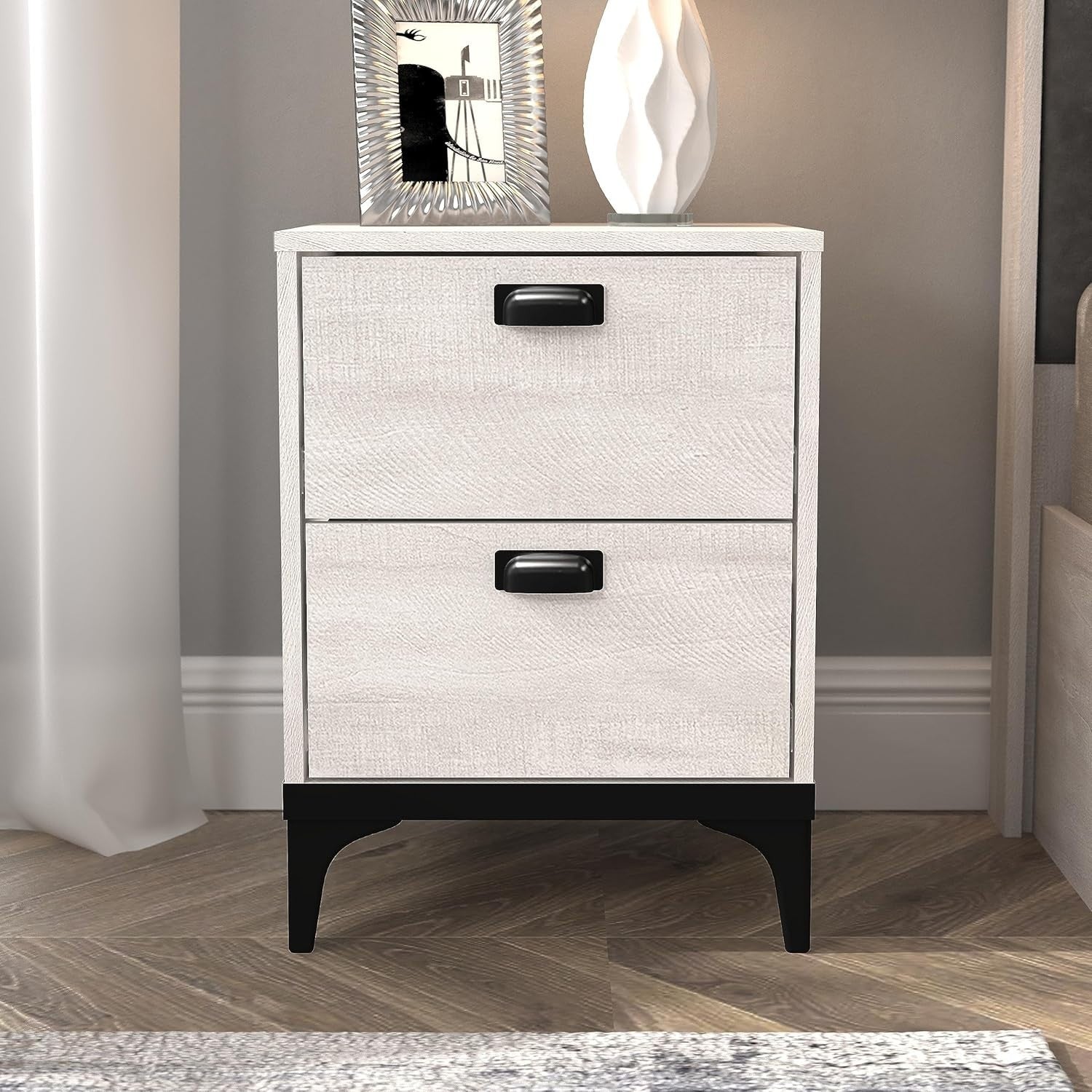 2 Drawer Bedside Table Dusty Grey Oak Storage Cabinet for Bedroom Hallway