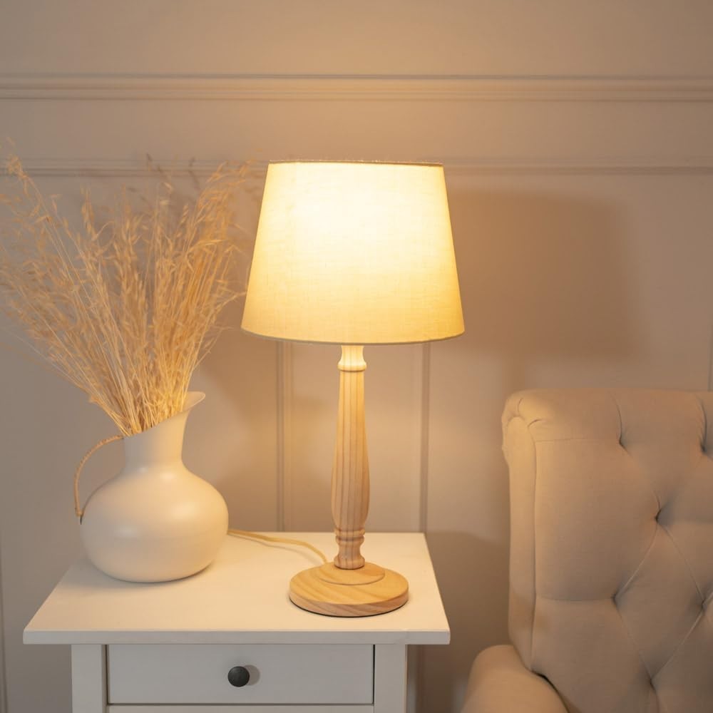 Wood Candlestick Table Lamp Beige Shade Bedside Living Room LED Bulb