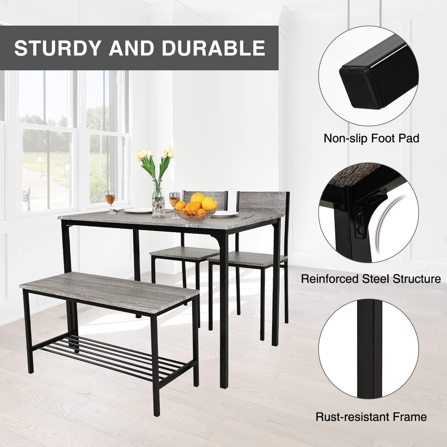 4-Piece Grey Dining Set with Bench & Chairs | Space Saving Kitchen Table