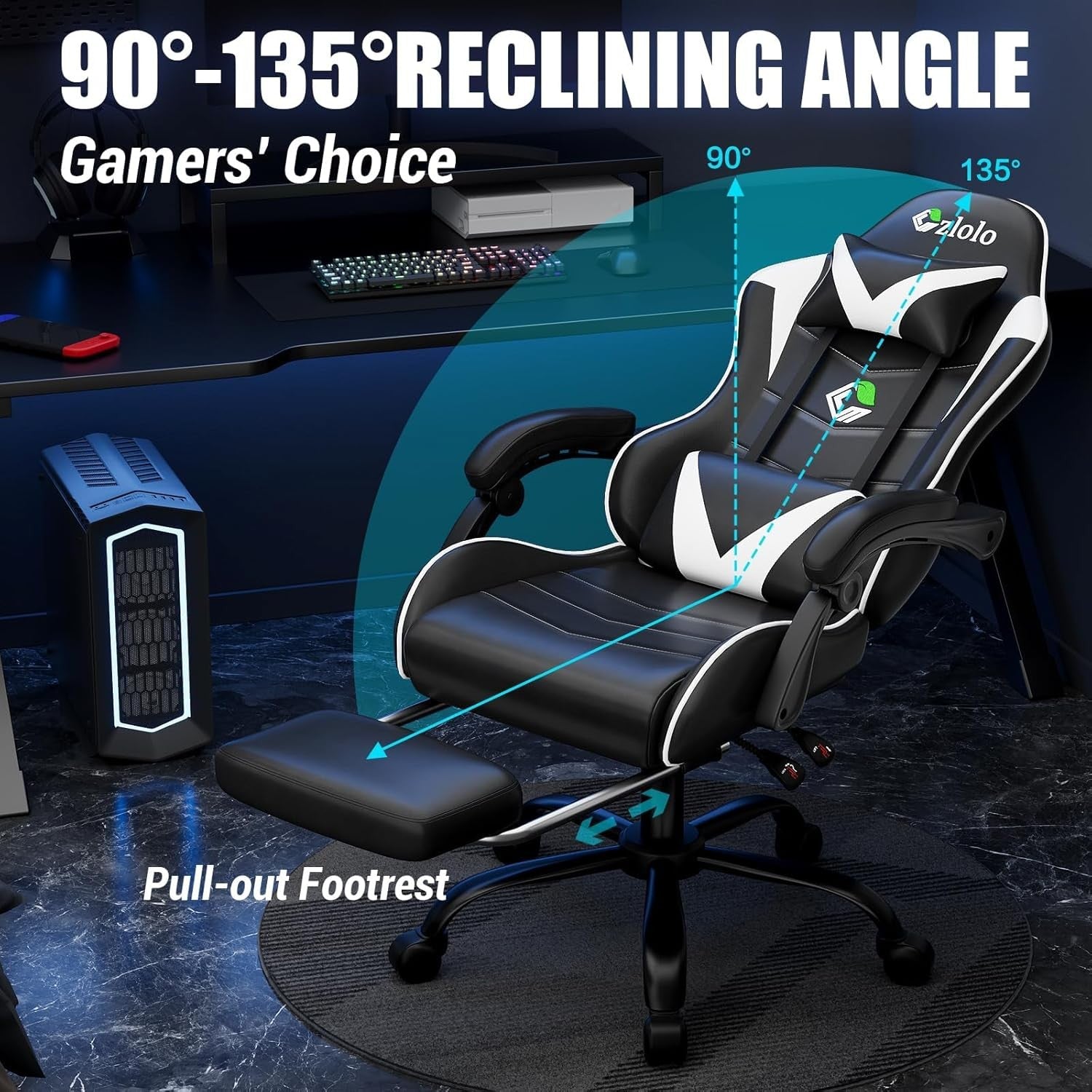 White Gaming Chair w/ Footrest Massage Lumbar Reclining
