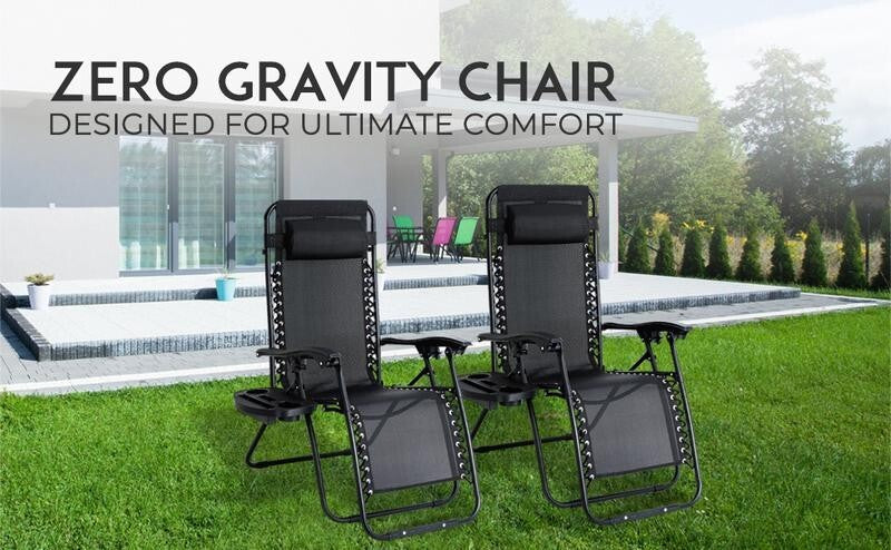 Zero Gravity Reclining Garden Chairs Set of 2 – Folding Sun Loungers w/ Cup Hold