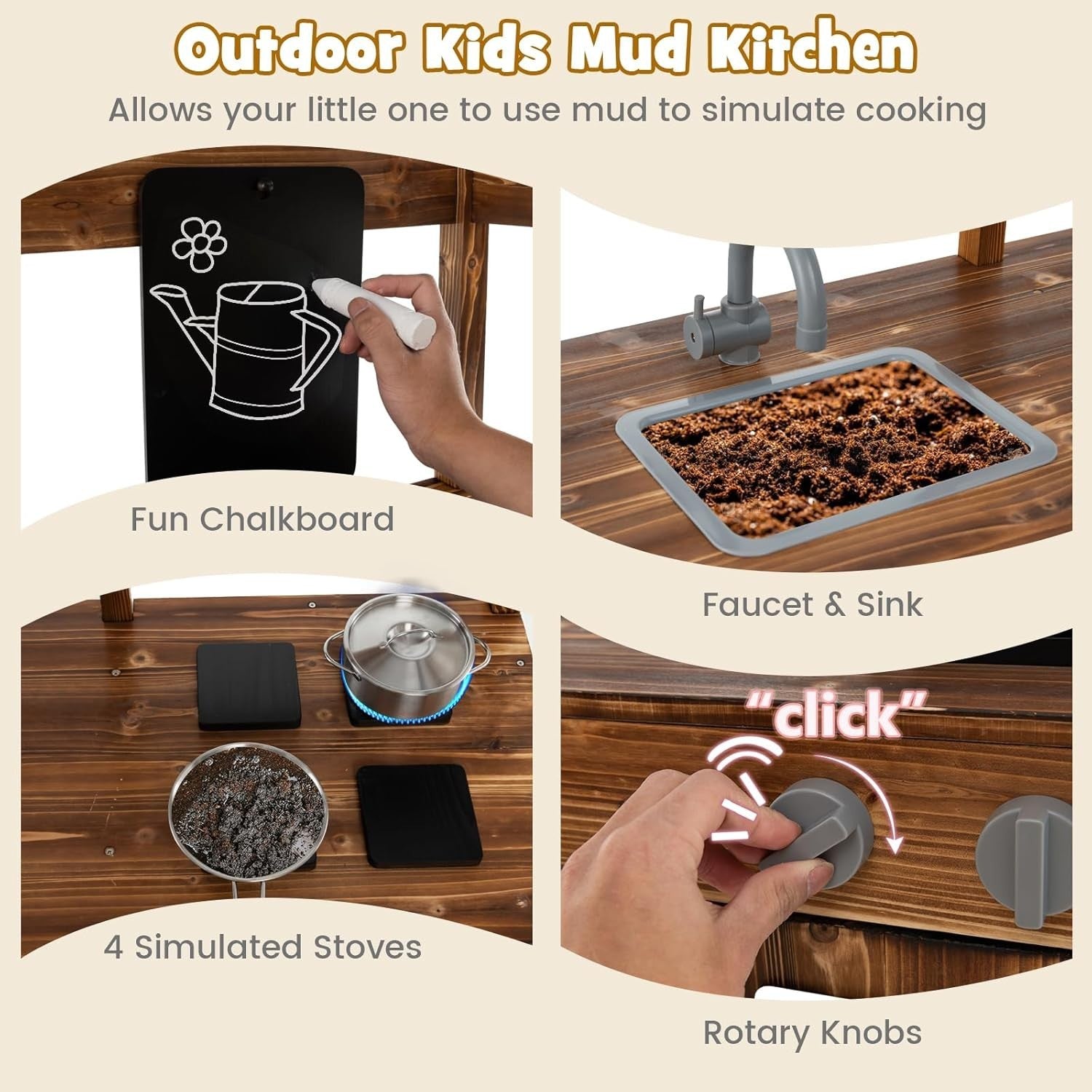 Outdoor Mud Kitchen Kids Wooden Playset w/ Canopy Sink Chalkboard
