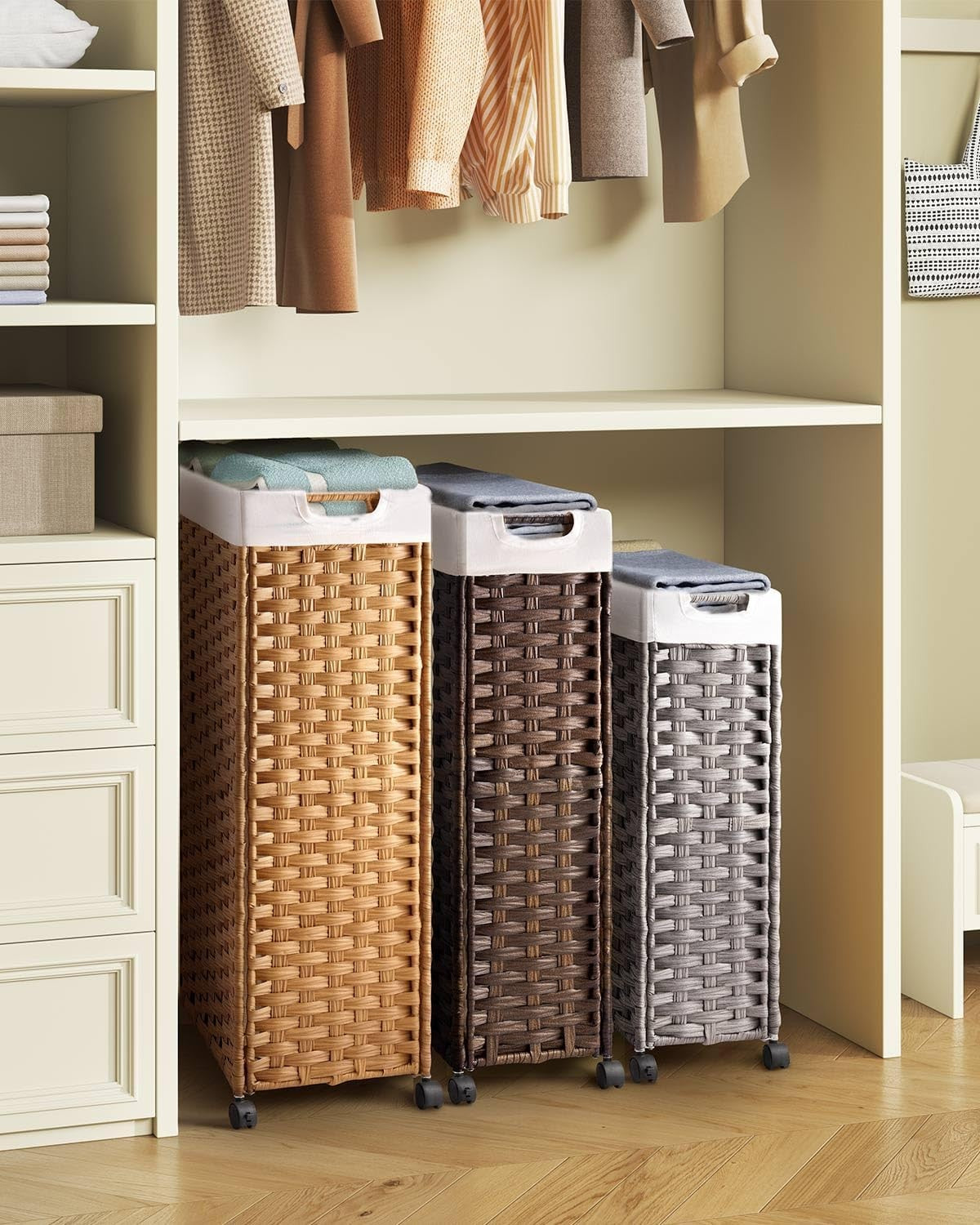 Slim Rattan Laundry Hamper on Wheels 66L with Removable Bags & Mesh Liners Brown