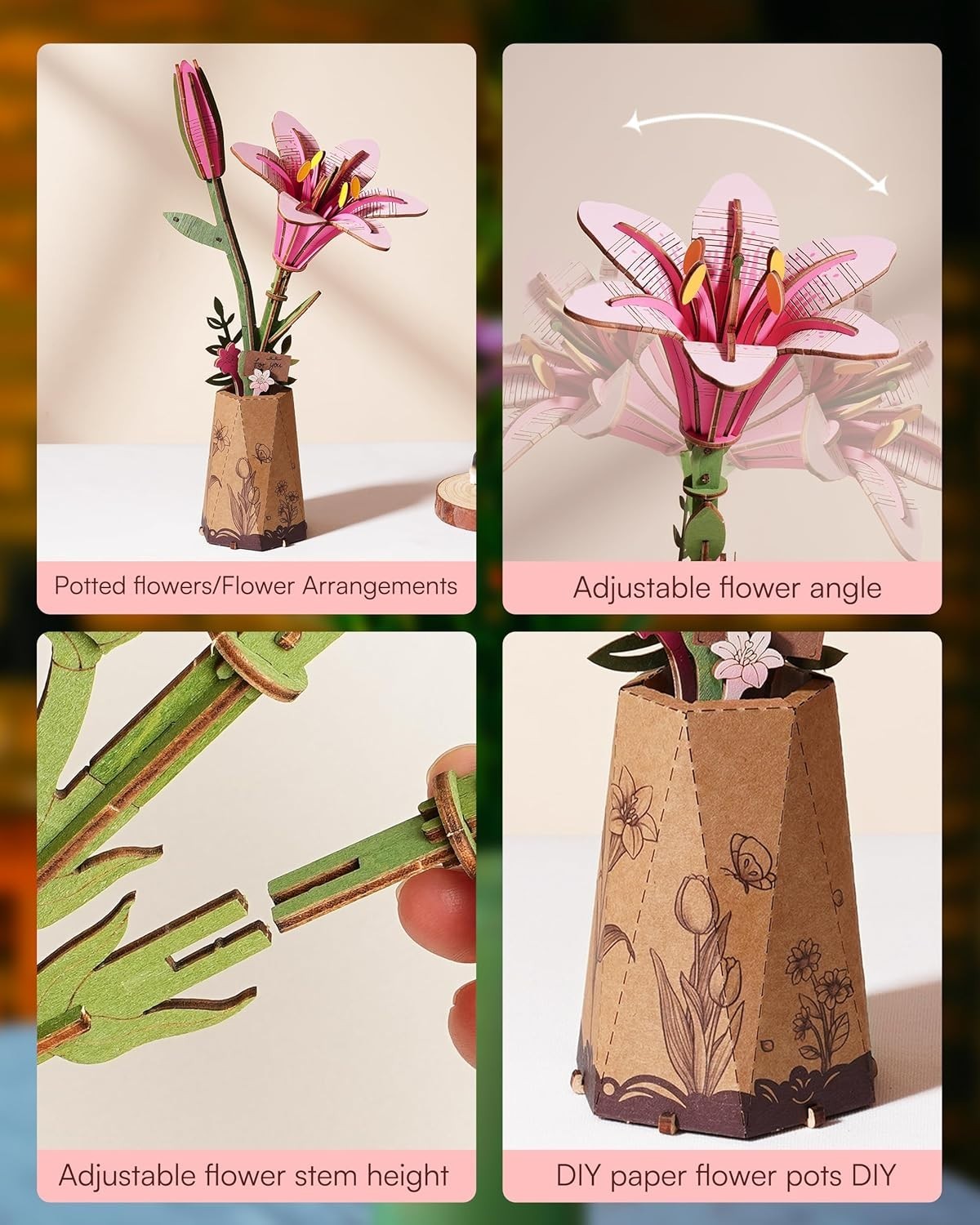 3D Wooden Pink Lily Puzzle Kit for Adults – DIY Flower Decor Gift Set